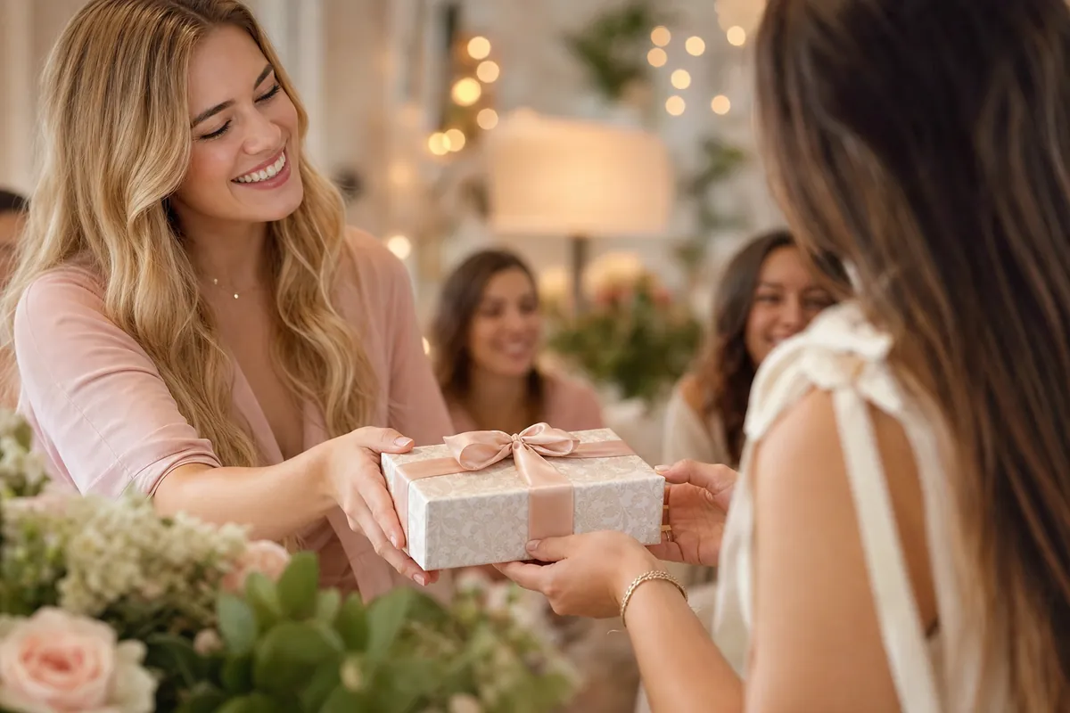Friends exchanging a beautifully wrapped gift at a celebration
