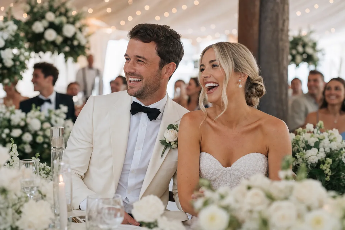 Newlyweds laughing together at their wedding reception