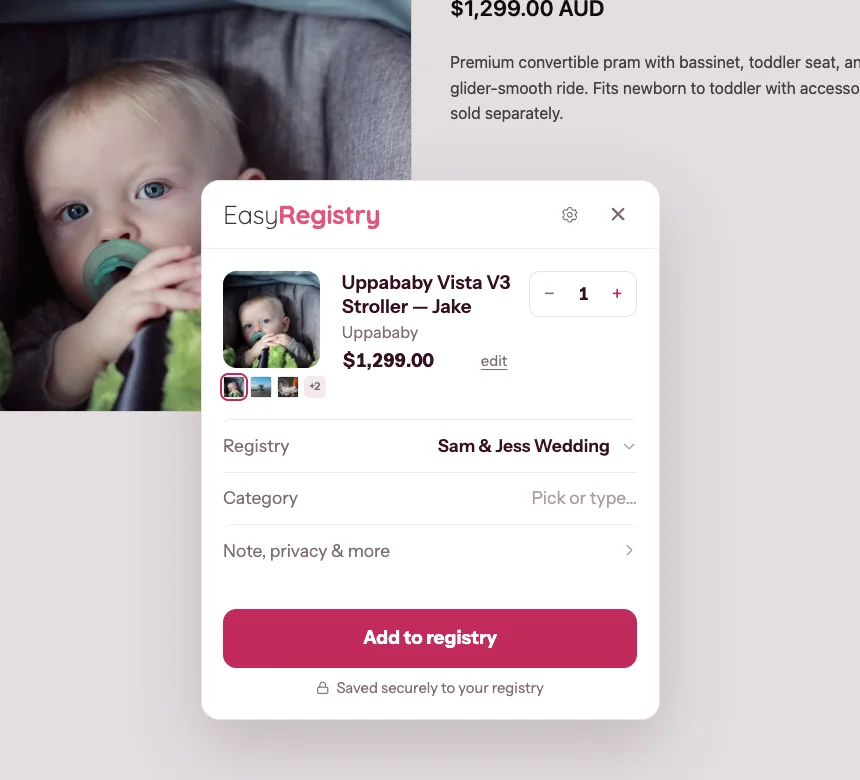 The Add to EasyRegistry card open on a product page, showing the item's photo, price and an Add to registry button