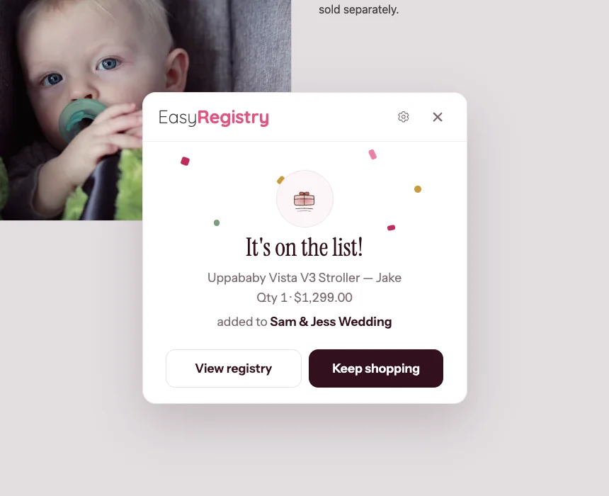 The extension's success screen confirming a gift was added to the registry, with View registry and Keep shopping buttons