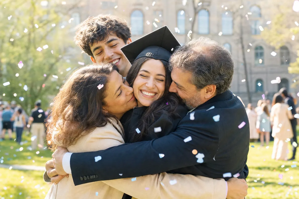 A graduate in cap and gown celebrating with proud family