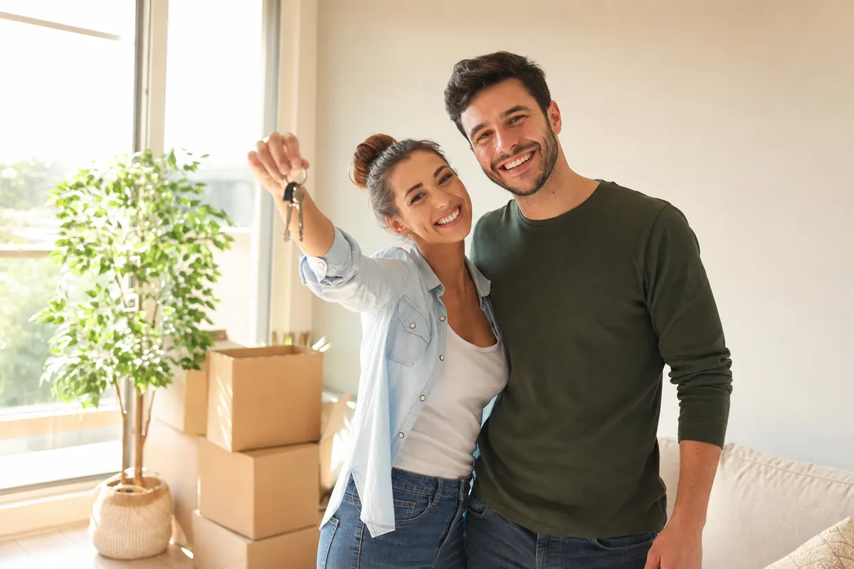 A happy couple holding the keys to their bright new home